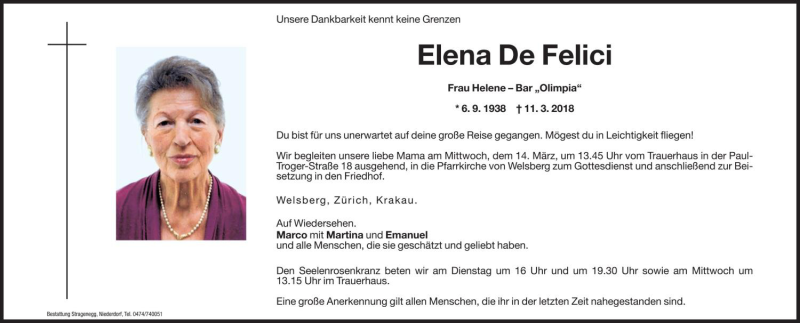  Traueranzeige für Elena De Felici vom 13.03.2018 aus Dolomiten