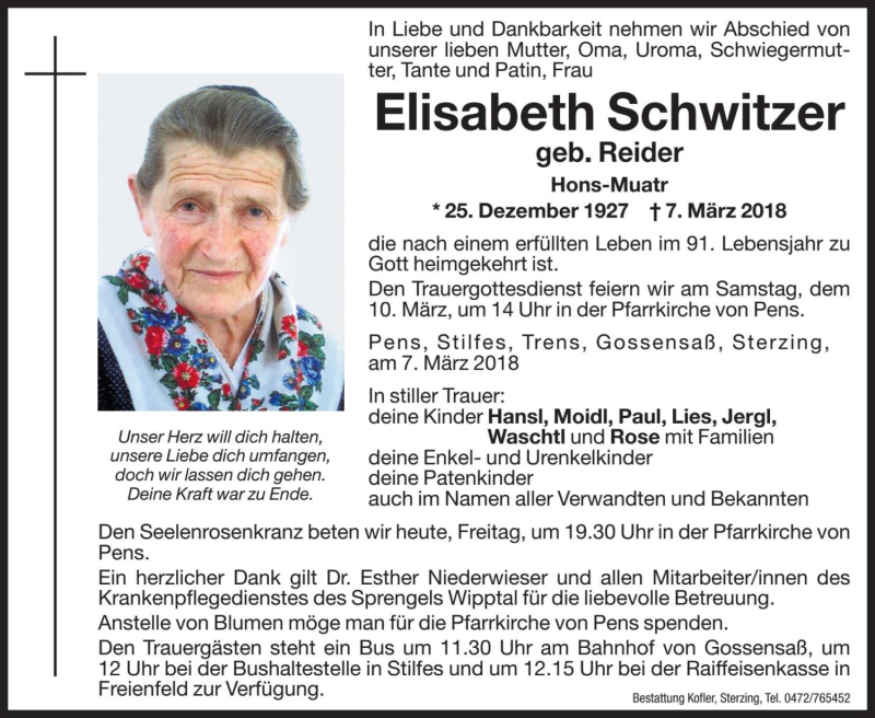  Traueranzeige für Elisabeth Schwitzer vom 09.03.2018 aus Dolomiten