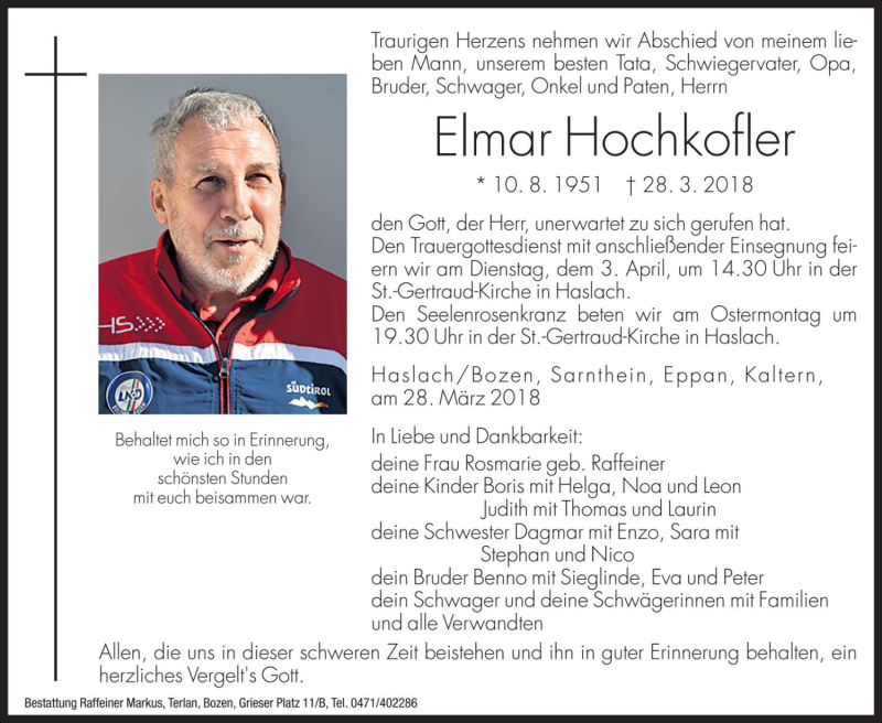  Traueranzeige für Elmar Hochkofler vom 30.03.2018 aus Dolomiten