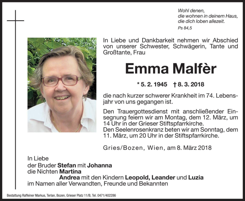  Traueranzeige für Emma Malfèr vom 09.03.2018 aus Dolomiten