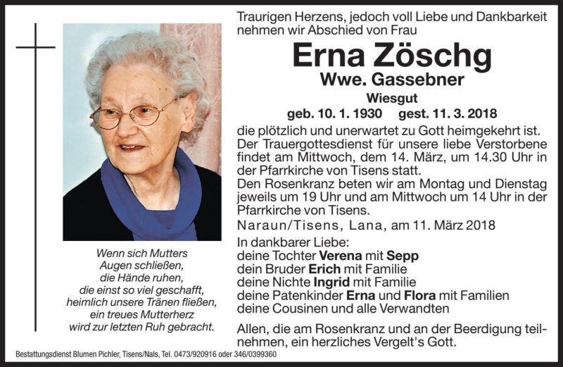  Traueranzeige für Erna Gassebner vom 12.03.2018 aus Dolomiten