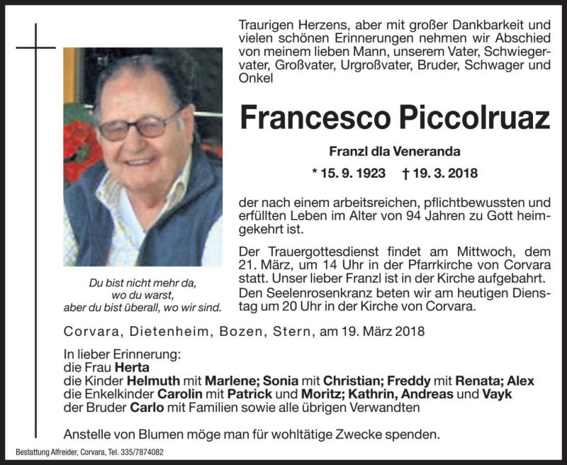  Traueranzeige für Francesco Piccolruaz vom 20.03.2018 aus Dolomiten