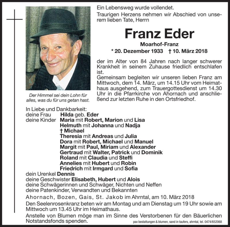  Traueranzeige für Franz Eder vom 12.03.2018 aus Dolomiten