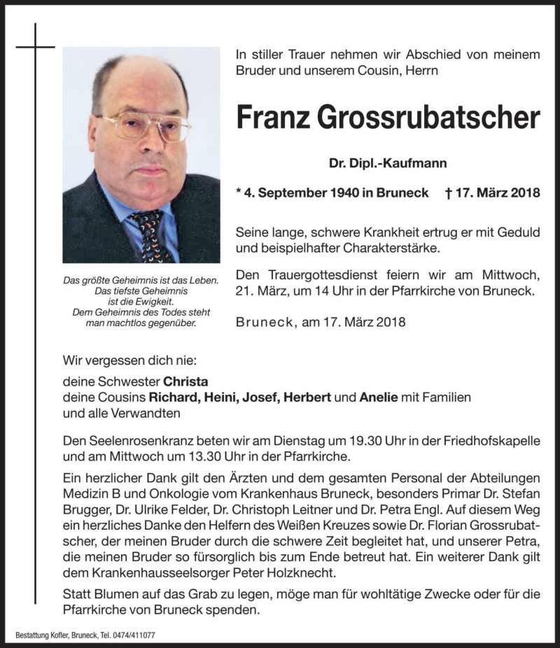  Traueranzeige für Franz Grossrubatscher  vom 20.03.2018 aus Dolomiten