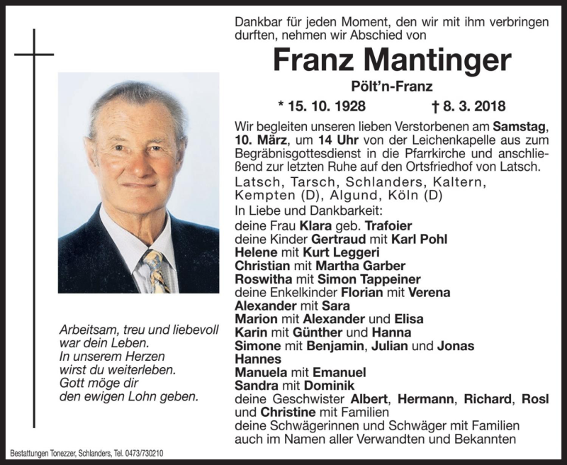  Traueranzeige für Franz Mantinger vom 10.03.2018 aus Dolomiten