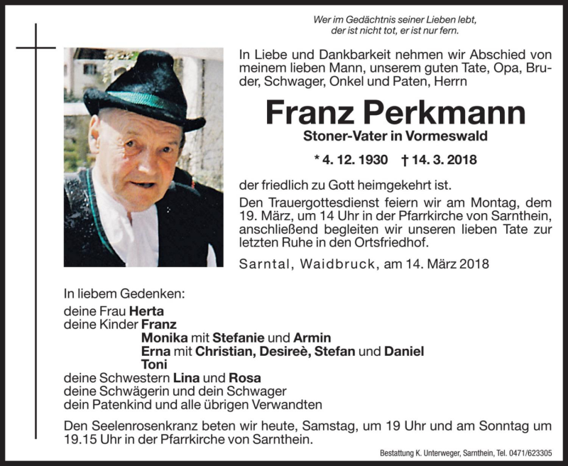  Traueranzeige für Franz Perkmann vom 17.03.2018 aus Dolomiten