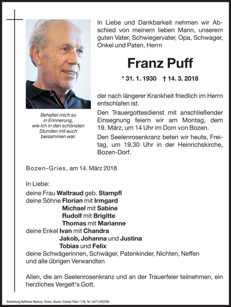  Traueranzeige für Franz Puff vom 16.03.2018 aus Dolomiten