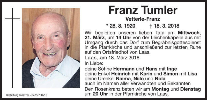  Traueranzeige für Franz Tumler vom 19.03.2018 aus Dolomiten