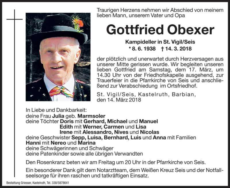  Traueranzeige für Gottfried Obexer vom 16.03.2018 aus Dolomiten