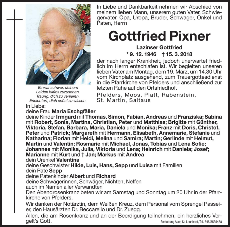  Traueranzeige für Gottfried Pixner vom 17.03.2018 aus Dolomiten