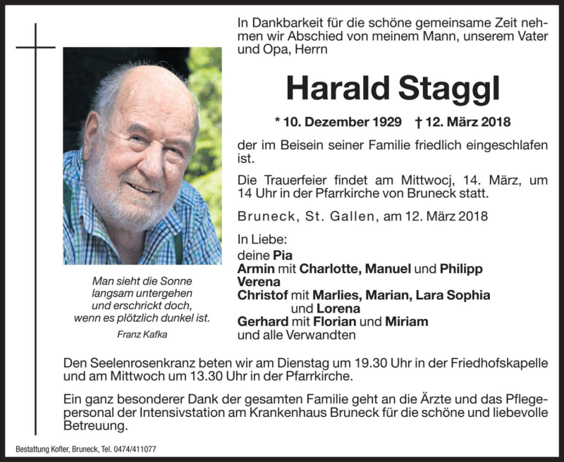  Traueranzeige für Harald Staggl vom 13.03.2018 aus Dolomiten