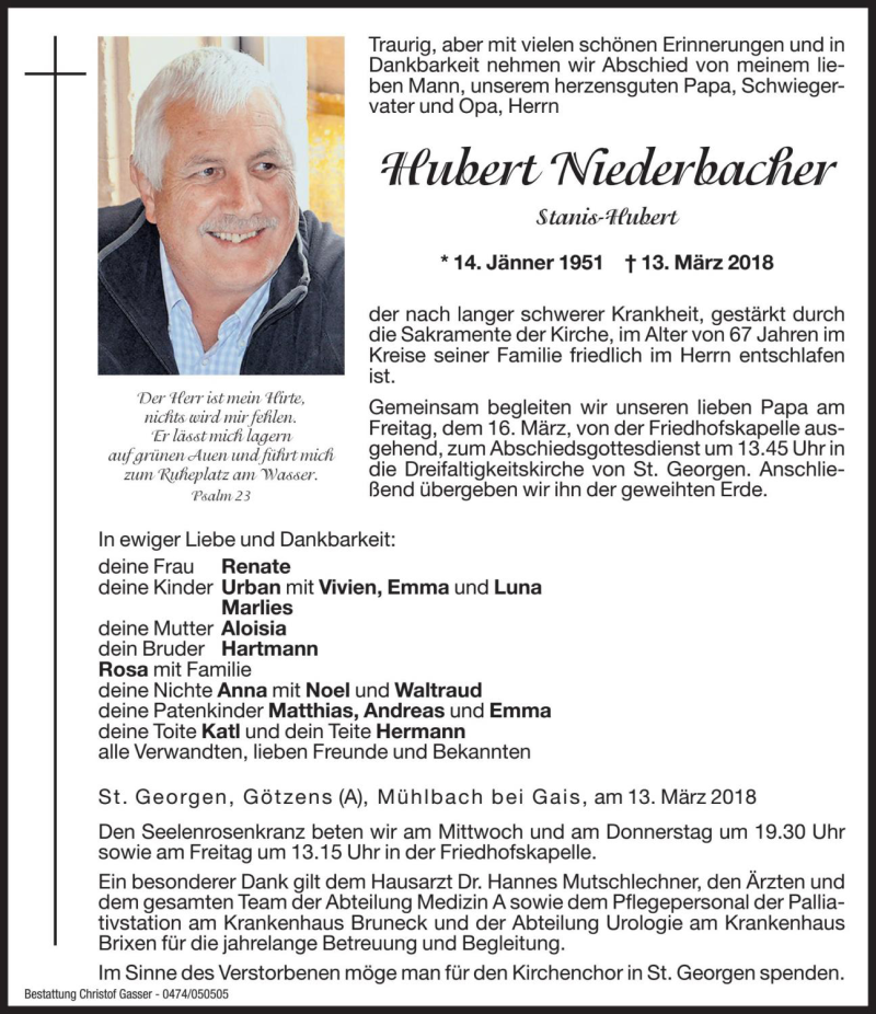  Traueranzeige für Hubert Niederbacher vom 14.03.2018 aus Dolomiten