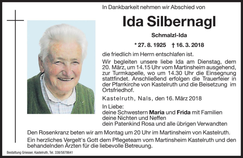  Traueranzeige für Ida Silbernagl vom 19.03.2018 aus Dolomiten