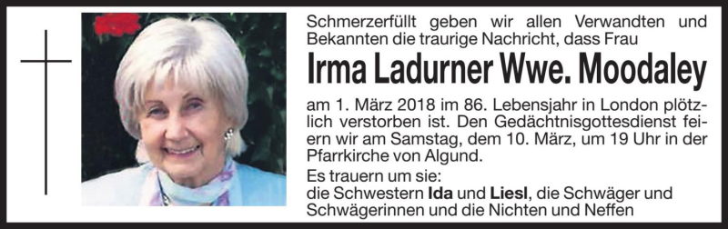  Traueranzeige für Irma Moodaley vom 09.03.2018 aus Dolomiten