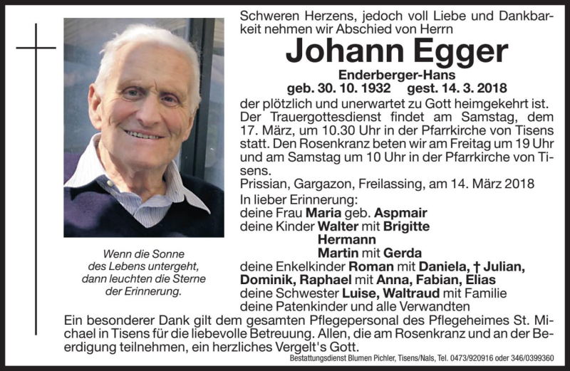  Traueranzeige für Johann Egger vom 16.03.2018 aus Dolomiten