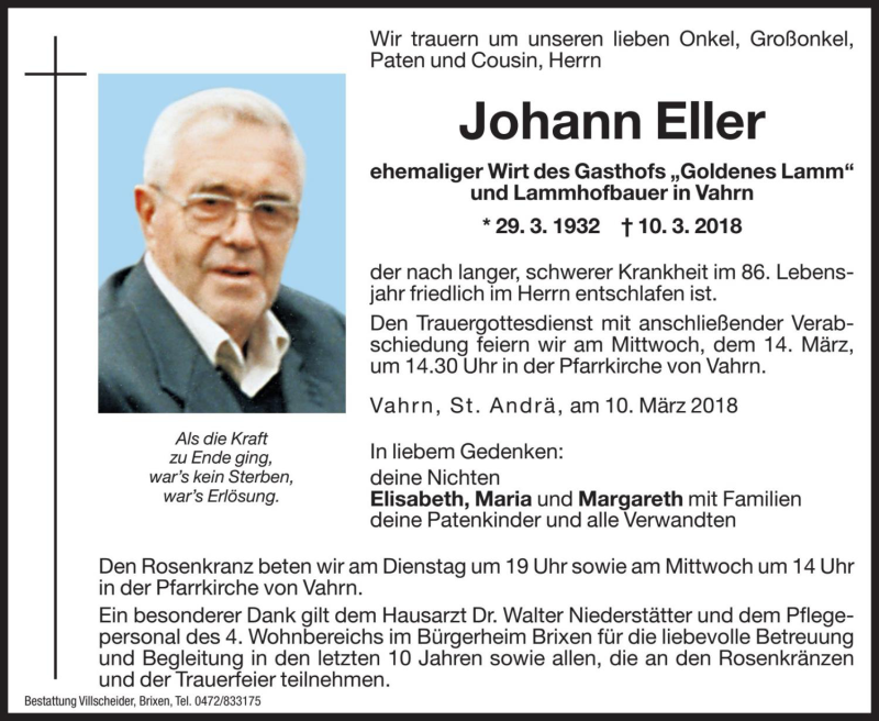 Traueranzeige für Johann Eller vom 12.03.2018 aus Dolomiten