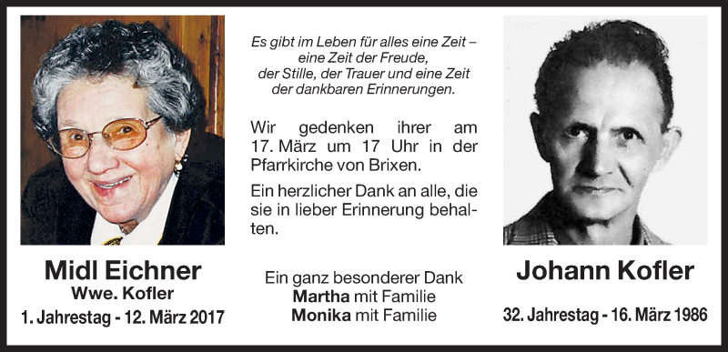  Traueranzeige für Johann Kofler vom 16.03.2018 aus Athesia Dolmiten