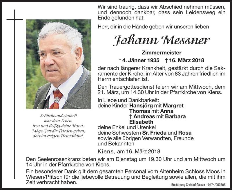  Traueranzeige für Johann Messner vom 19.03.2018 aus Dolomiten