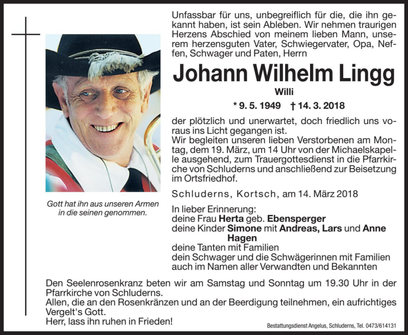  Traueranzeige für Johann Wilhelm Lingg vom 17.03.2018 aus Dolomiten