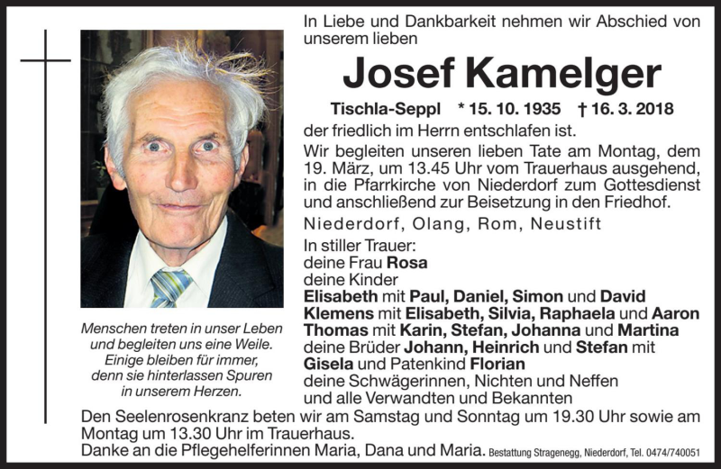  Traueranzeige für Josef Kamelger vom 17.03.2018 aus Dolomiten