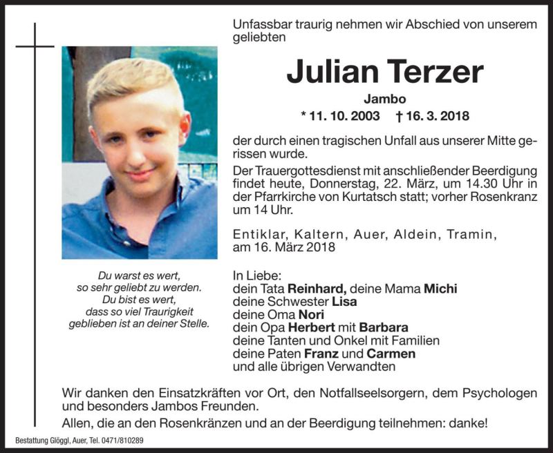  Traueranzeige für Julian Terzer vom 22.03.2018 aus Dolomiten