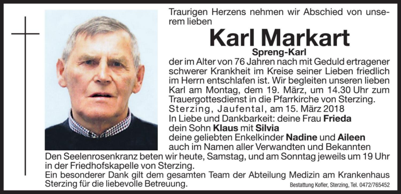  Traueranzeige für Karl Markart vom 17.03.2018 aus Dolomiten