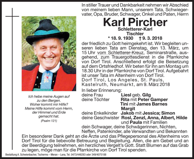  Traueranzeige für Karl Pircher vom 12.03.2018 aus Dolomiten