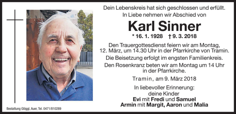  Traueranzeige für Karl Sinner vom 10.03.2018 aus Dolomiten