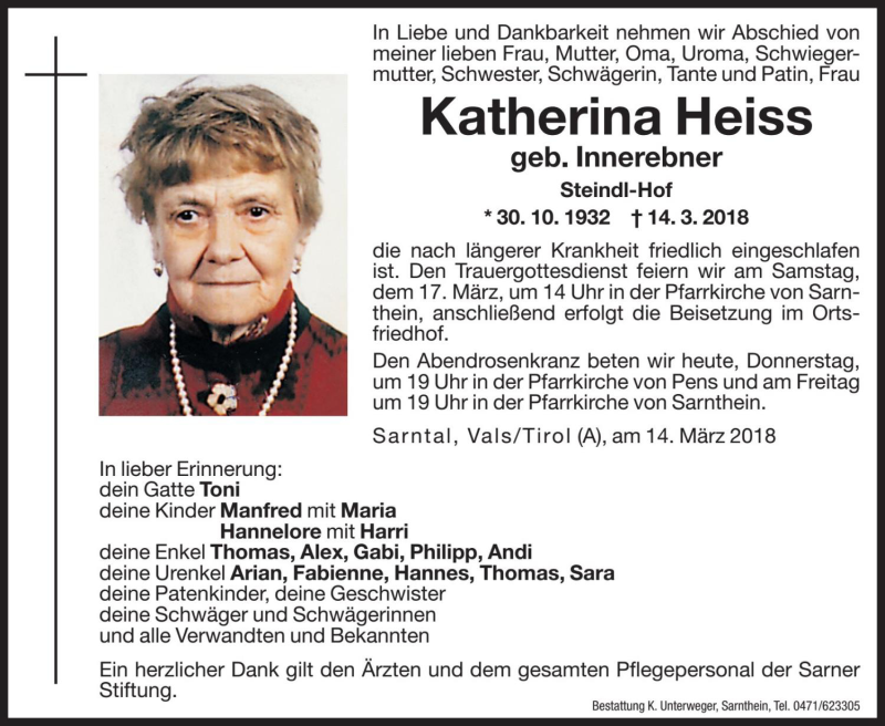  Traueranzeige für Katharina Heiss vom 15.03.2018 aus Dolomiten