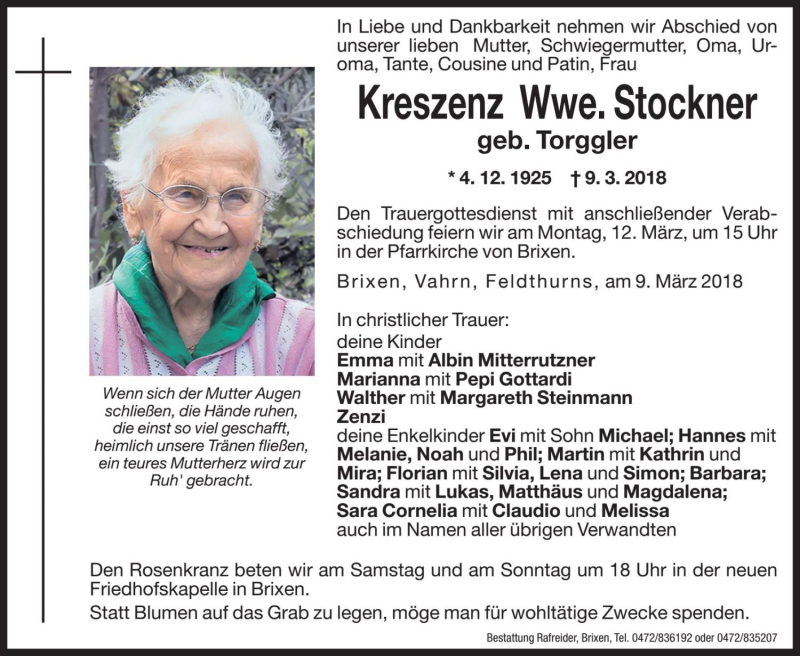  Traueranzeige für Kreszenz Stockner vom 10.03.2018 aus Dolomiten