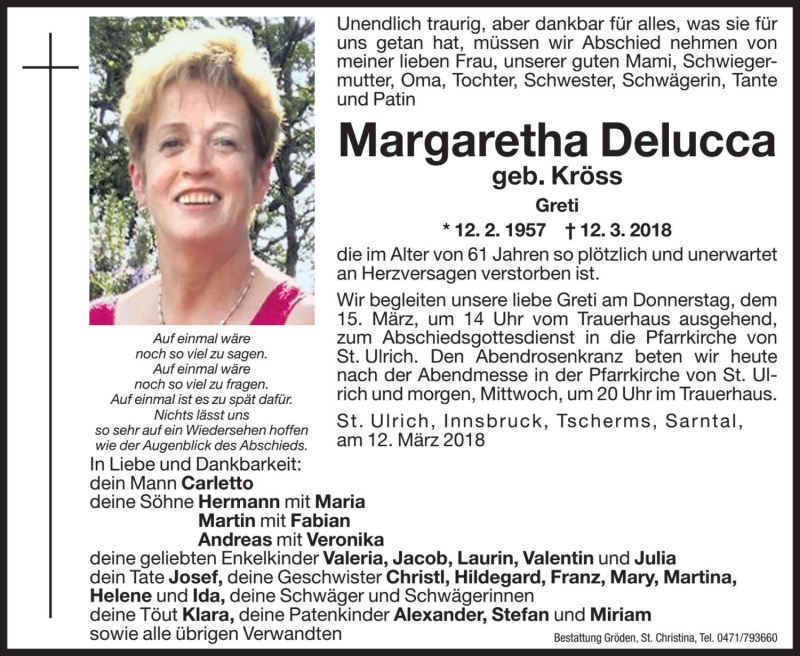  Traueranzeige für Margaretha Delucca vom 13.03.2018 aus Dolomiten
