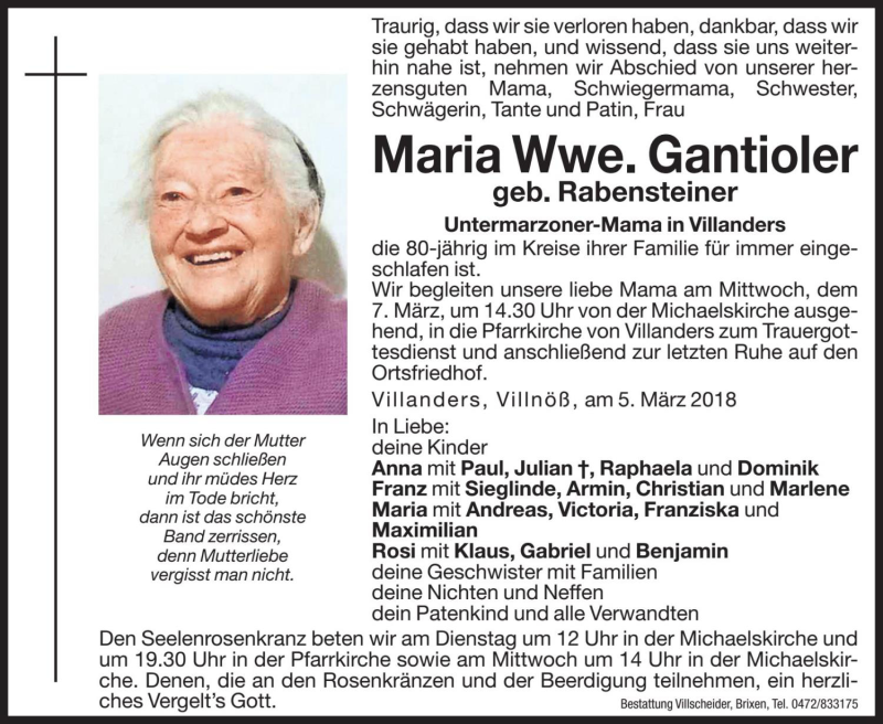  Traueranzeige für Maria Gantioler vom 06.03.2018 aus Dolomiten