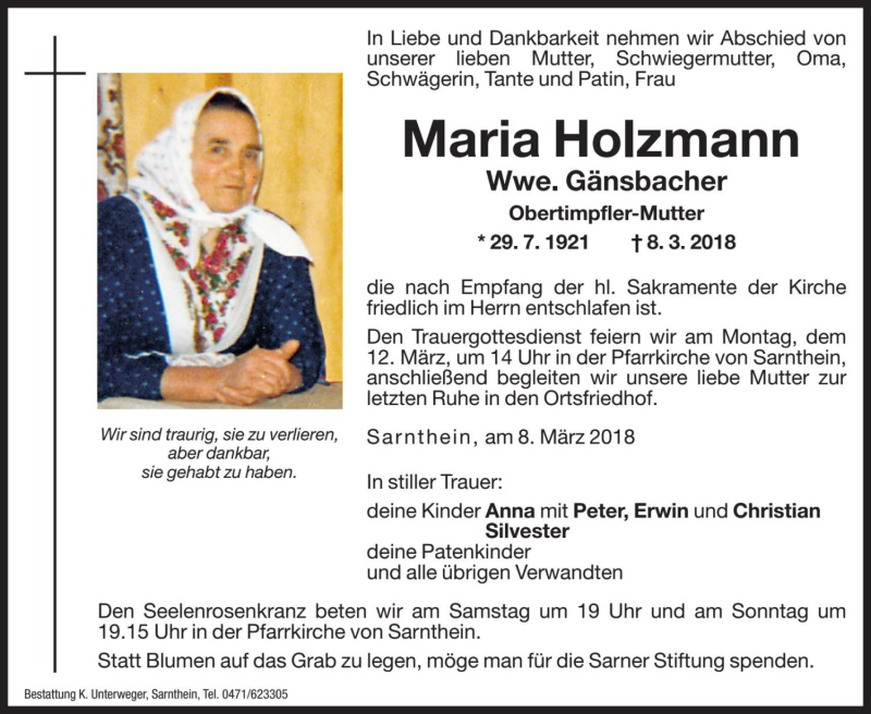  Traueranzeige für Maria Gänsbacher vom 10.03.2018 aus Dolomiten