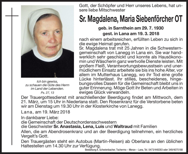  Traueranzeige für Maria Siebenförcher vom 20.03.2018 aus Dolomiten
