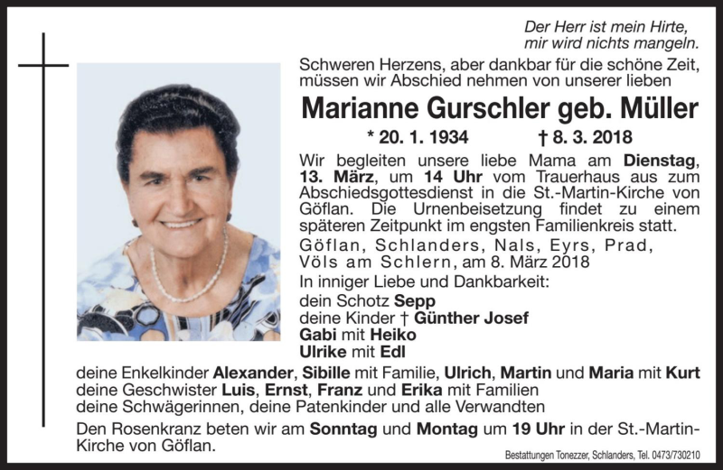  Traueranzeige für Marianne Gurschler vom 10.03.2018 aus Dolomiten