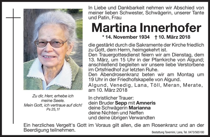  Traueranzeige für Martina Innerhofer vom 12.03.2018 aus Dolomiten