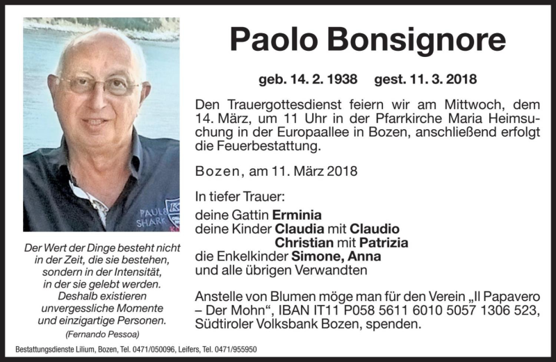  Traueranzeige für Paolo Bonsignore vom 13.03.2018 aus Dolomiten