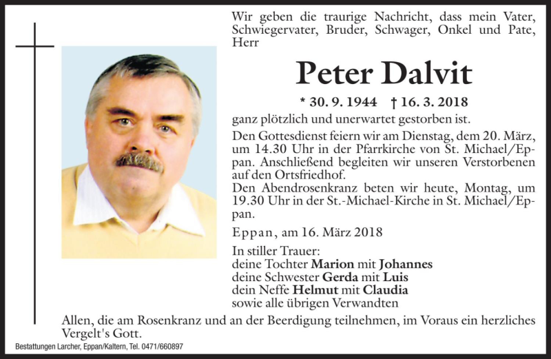  Traueranzeige für Peter Dalvit vom 19.03.2018 aus Dolomiten