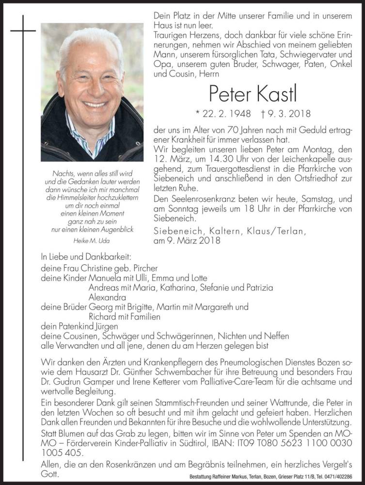  Traueranzeige für Peter Kastl vom 10.03.2018 aus Dolomiten