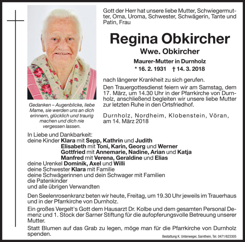  Traueranzeige für Regina Obkircher vom 16.03.2018 aus Dolomiten