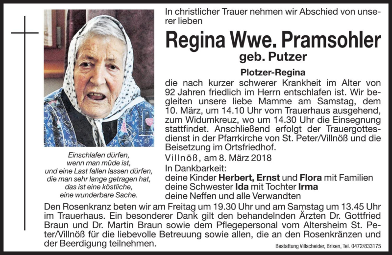  Traueranzeige für Regina Pramsohler vom 09.03.2018 aus Dolomiten