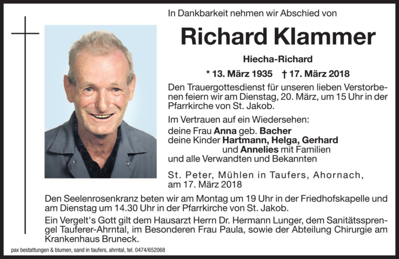  Traueranzeige für Richard Klammer vom 19.03.2018 aus Dolomiten