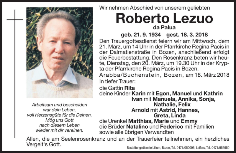  Traueranzeige für Roberto Lezuo vom 20.03.2018 aus Dolomiten