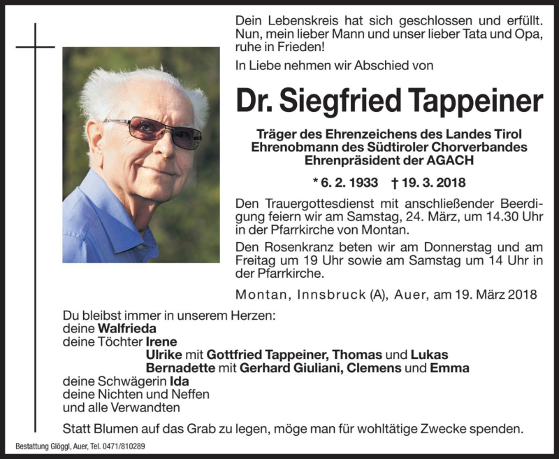  Traueranzeige für Siegfried Tappeiner vom 20.03.2018 aus Dolomiten