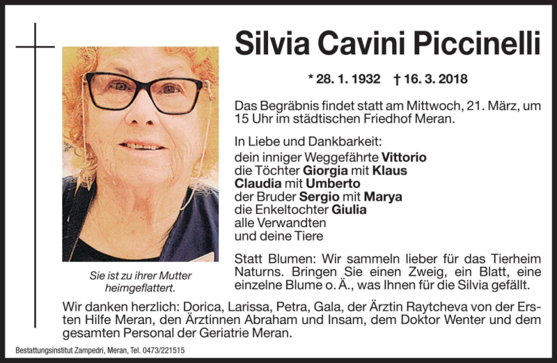  Traueranzeige für Silvia Cavini Piccinelli vom 19.03.2018 aus Dolomiten