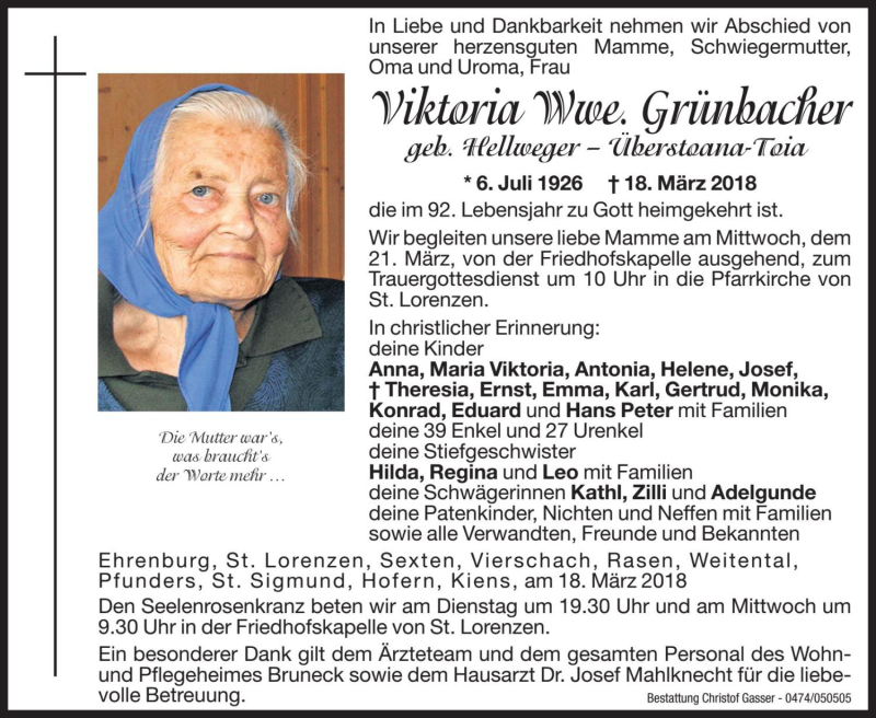  Traueranzeige für Viktoria Grünbacher vom 20.03.2018 aus Dolomiten