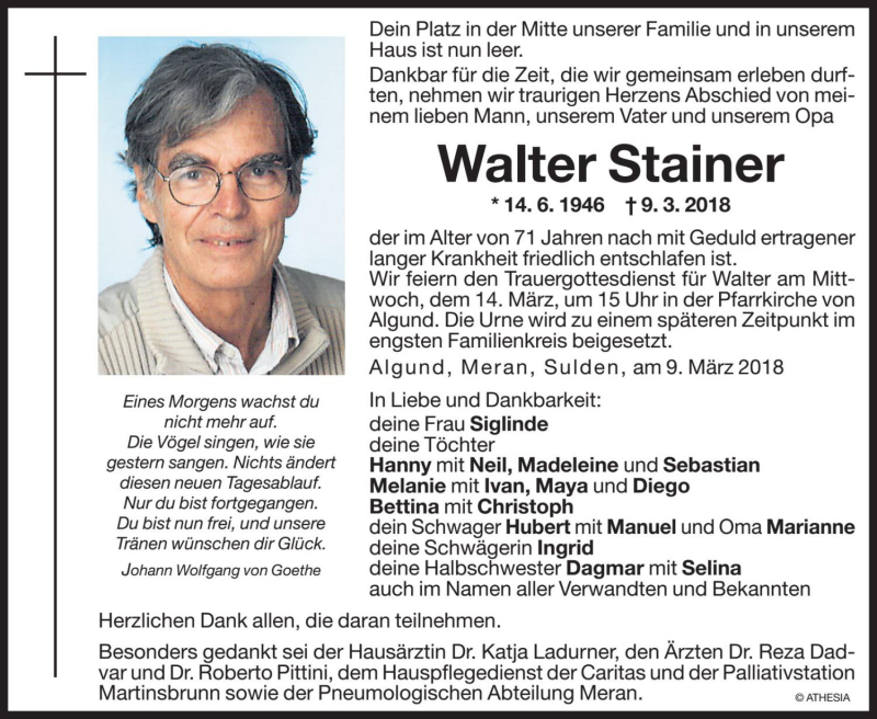  Traueranzeige für Walter Stainer vom 12.03.2018 aus Dolomiten