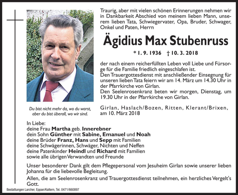  Traueranzeige für Ägidius Max Stubenruss vom 12.03.2018 aus Dolomiten