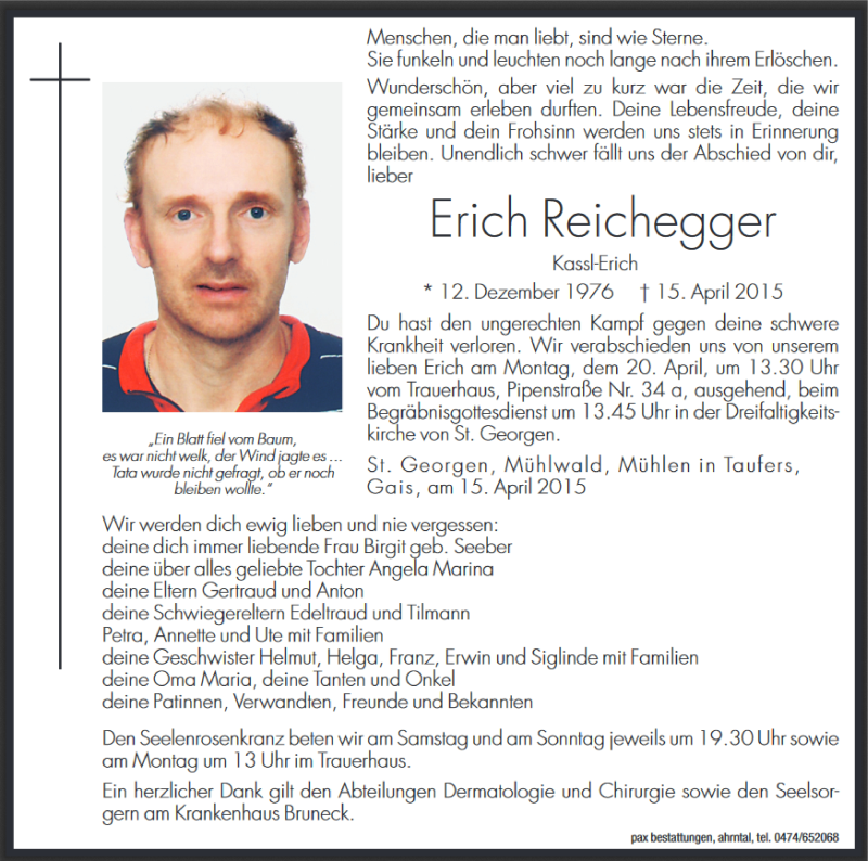  Traueranzeige für Erich Reichegger vom 18.04.2015 aus Dolomiten