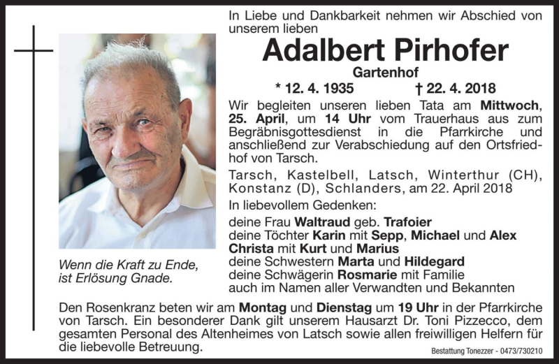  Traueranzeige für Adalbert Pirhofer vom 23.04.2018 aus Dolomiten